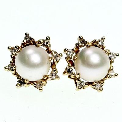14K Gold 6.8mm Cultured Pearl Earrings with Diamond Earring Jackets