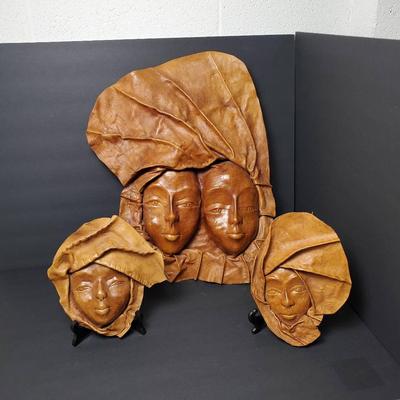Leather Wall Art – Molded Face Mask Sculptures, Hand-Tooled 16x20, 8x9, 7x9