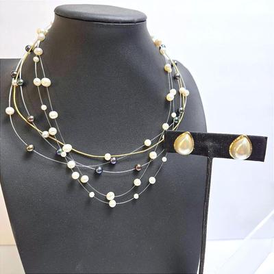 14K Gold Faux Pearl Earrings & 4 17" Floating Cultured Pearl Necklace With  14k Clasp, One 10k