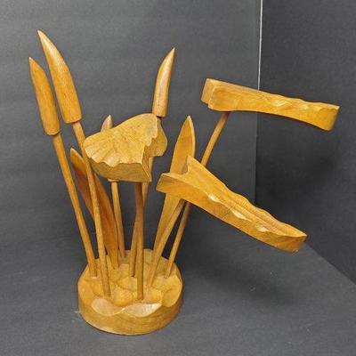 Mid-Century Modern Hand-Carved Wooden Floral Sculpture – 15x10x15" Arrangement