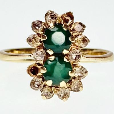 14K Gold Double Emerald Ring With Spinel Halo - Size 7