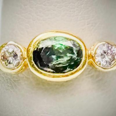 18K Gold Green Tourmaline & Diamond Ring - Size 6.25