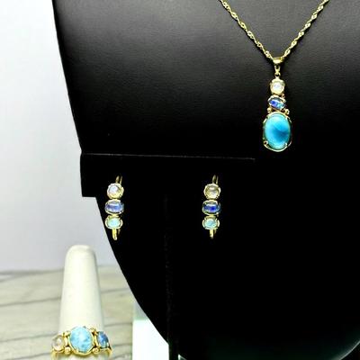 Sterling Silver Multi-Color Stone 20" Necklace, Earrings & Ring - Size 8.75