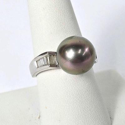 Platinum 12mm Cultured Dark Pearl Ring With Diamond Baguette Accents - Size 8.25