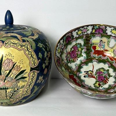 Vintage Chinese Rose Medallion Bowl 10" & WBI Porcelain Ginger Jar 10"h