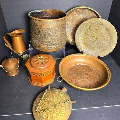 Brass Middle Eastern Vessel 8”h, Canteen, Plate, Copper Ware, Engraved Wood Tea Caddy, More