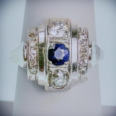 Platinum Diamond & Sapphire Ring - Size 7.75