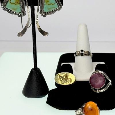 Sterling Silver Rings Including Flip Stone & Amber, Plus Earrings