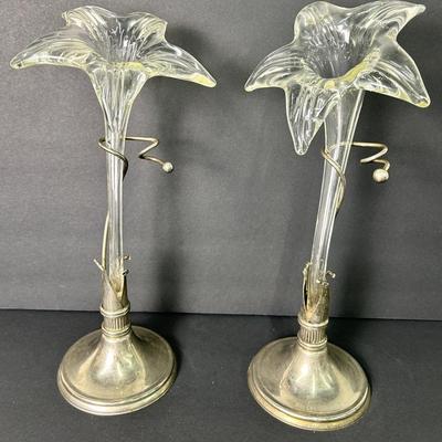 Vintage Glass Lily Flower Vases With Silver-tone Bases, 15”