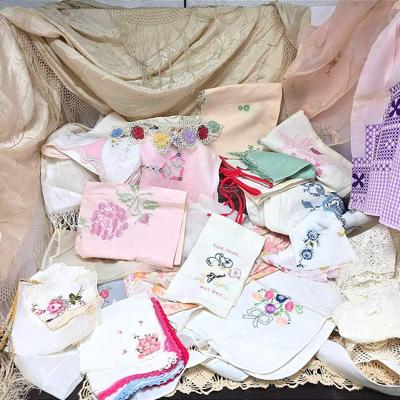 Embroidered & Crocheted Vintage Linens, Hankerchiefs & Aprons