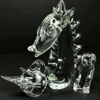 Baccarat Crystal Owl 4”h, Plus Glass Seahorse 9” & Bird 3.5”  Figurines