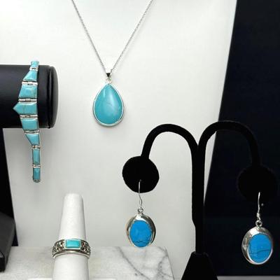 Sterling Silver Turquoise Hued Jewelry: Bracelet, Ring, Necklace & Earrings