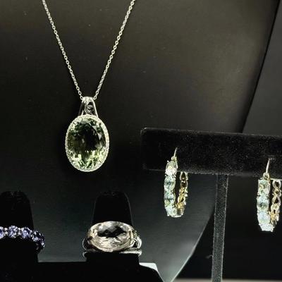 Sterling Silver Green Amethyst Pendant On 18" Necklace, Topaz Earrings, Quartz Ring- 8.5, More