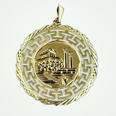 14K Gold Pendant with Greek Key Border & Architectural Relief - 1.5" Dia