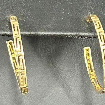 14K Gold Greek Key Hoop Earrings - 1" Dia