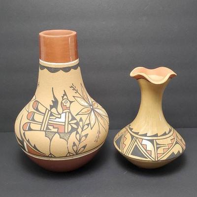 Jemez & Navajo Pottery Vases, Signed  – 10.5" & 7"