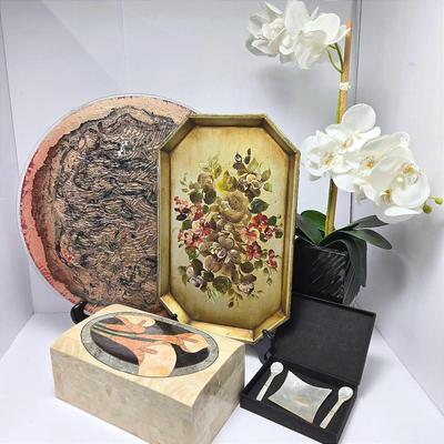 Mosaic Stone Inlay Box, Glass Lazy Susan 18”, Tole Painted Tray, Faux Orchid 22”h, More 
