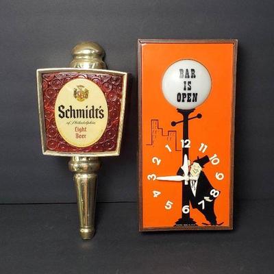 Vintage Bar Lights – Spartus "Bar Is Open" Wall Clock & Schmidt’s Beer Light-Up Sconce Lantern, 14"