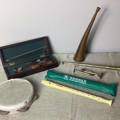 Vintage Musical Instruments To Include Recorder, Tambourine and Decor Small Violin