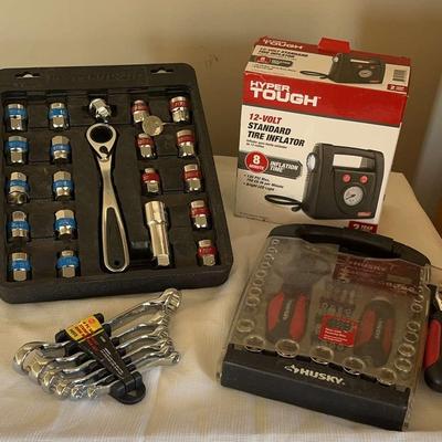 Husky Sockets and Wrench Tools In Carrier Plus Tire Inflator In Box 