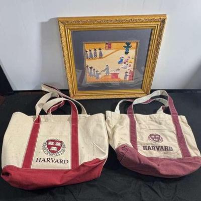 Framed Folk Art Graduation Painting And Two Harvard Canvas Bags 