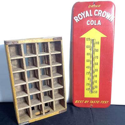 Coca Cola Wood Bottle Carrier And Royal Crown Cola Metal Thermometer 