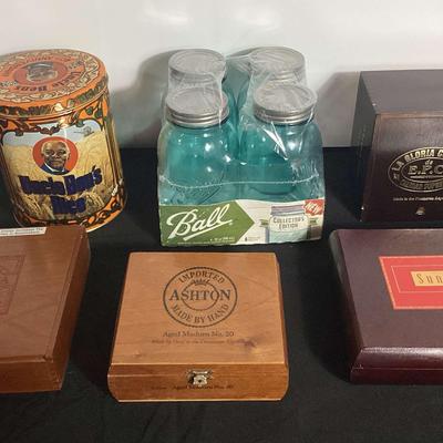 Wooden Cigar Boxes, Blue Ball Jars And Vintage Uncle Ben Tin