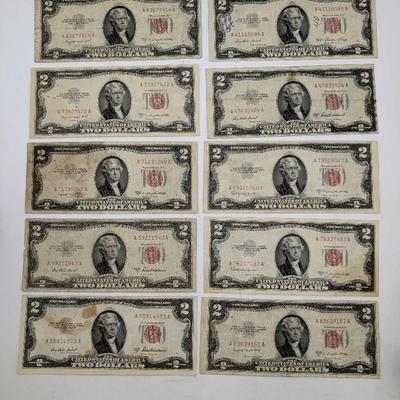 Ten 1953 Red Seal $2 Notes