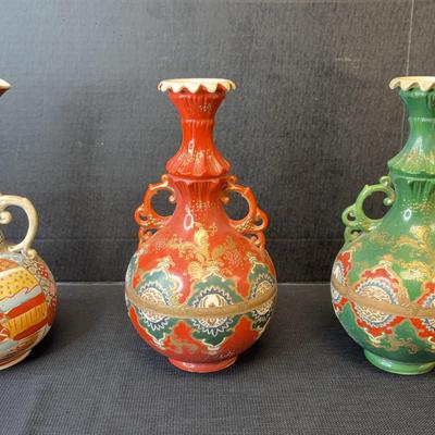 Three Japanese Satsuma Double Handle Vases