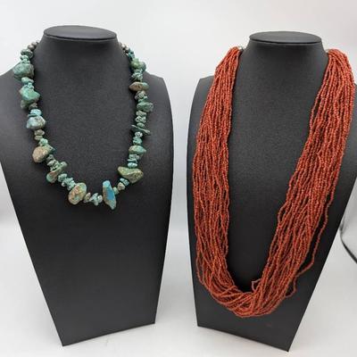 Turquoise And Coral Necklaces With Silver Beads