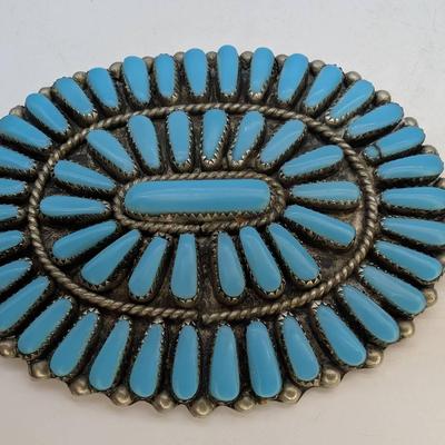 Large Zuni Sterling Silver & Turquoise Brooch 