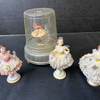 3 Dresden Lace Porcelain Ballerinas And Dancing Ballerina 