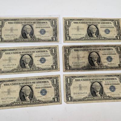 Six Blue Seal $1 Silver Certificates
