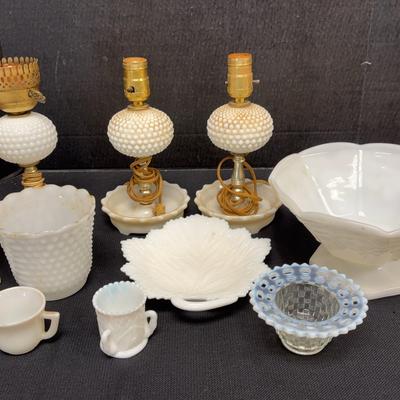 Milk Glass Lot - Lamps, Bowls, Cups