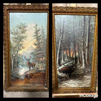 Two Vintage Stag & Deer, Elk Framed Prints 