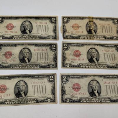 Six 1928 Red Seal $2 Bills