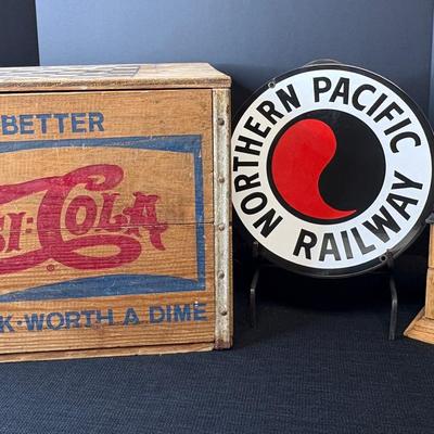 Vintage Pepsi Wooden Crate, Coffee Grinder, Norther Pacific Railway Sign
