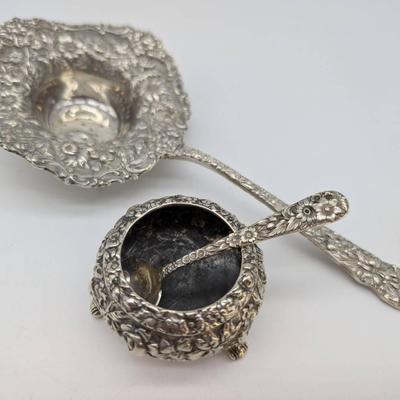 Stieff Sterling Silver Repousse Tea Strainer & Salt Cellar