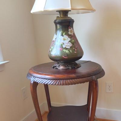 Vintage Inlaid Wood Round Table With Antique Lamp