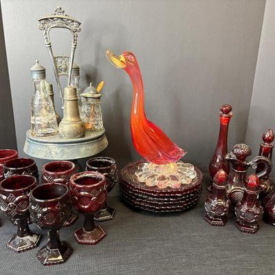 Morano Art Glass Duck, Cranberry Dishes, Cruet Set