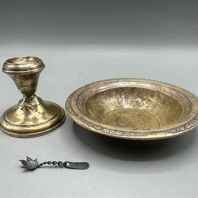 Group of Sterling Silver Items: Bowl, Weighted Sterling Candlestick & Spoon