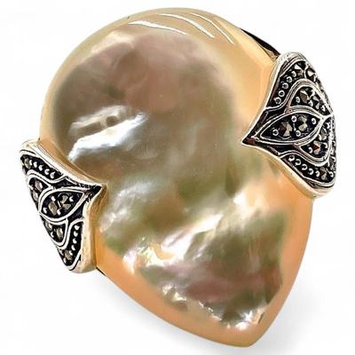 Sale Photo Thumbnail #219: Ring w/ Mother-of-Pearl, Μarcasite Crystals & Metal Accents