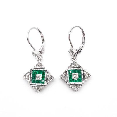 Sale Photo Thumbnail #377: Sterling Silver Diamond Emerald Drop Earrings