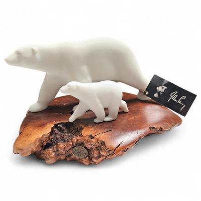 Sale Photo Thumbnail #41: John Perry Polar Bear Sculpture, Mother & Cub, on Burlwood