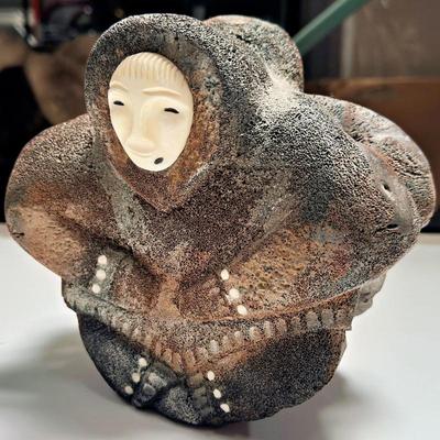 Inuit Carved Whale Bone Figure With Drum