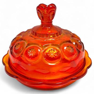 Sale Photo Thumbnail #103: Round Covered Butter Dish Moon & Star Red by Smith Glass