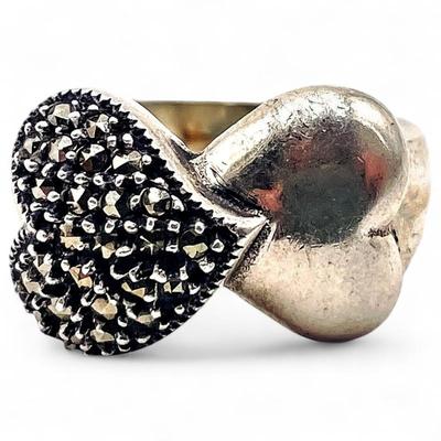 Sale Photo Thumbnail #196: Vintage Sterling Silver Judith Jack Marcasite Double heart ring