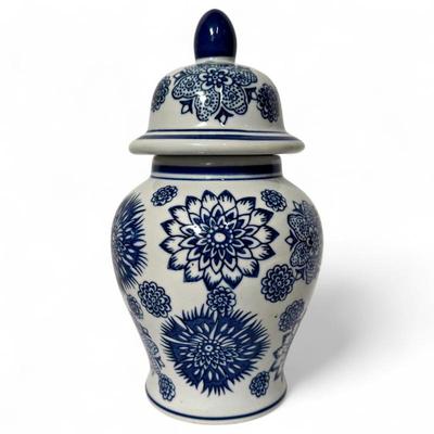 Sale Photo Thumbnail #71: Sagebrook Blue and White Porcelain Lidded Vase with Floral Motif