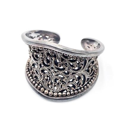 Sale Photo Thumbnail #321: Wide Silver-Toned Cuff Bracelet w/ Ornate Filigree