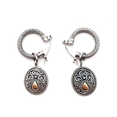Sale Photo Thumbnail #353: Sterling Silver 925 & 18K Gold BA Indonesia Dangle Hoop Earrings